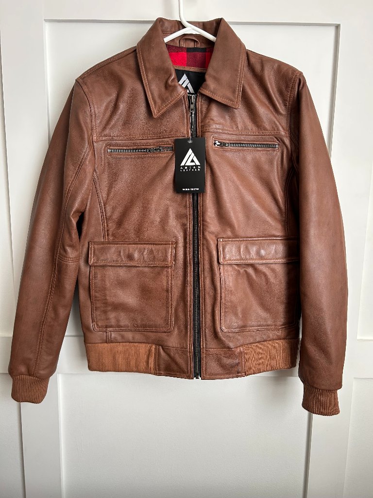 Arian Leather Men's Brown Pilot Jacket With Buffalo Plaid Lining